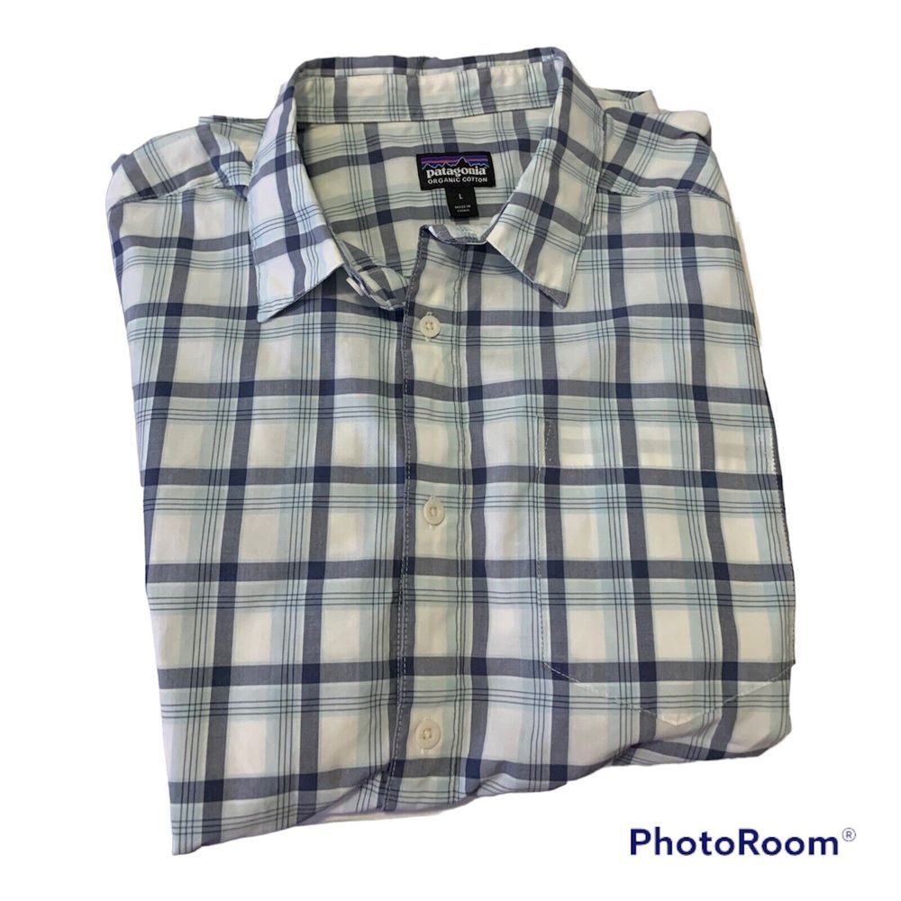Pantagonia‎ Organic Cotton Mens Short Sleece Large Shirt White/gray/blue